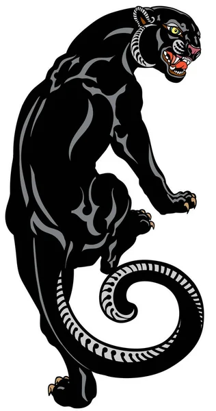 Aggressive Panther Climbing Angry Black Leopard View Back Head Turned — Vector de stock