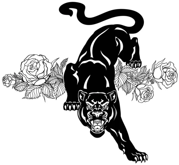 Pantera Rugiente Baja Mira Hacia Adelante Leopardo Negro Agresivo Rosas — Vector de stock