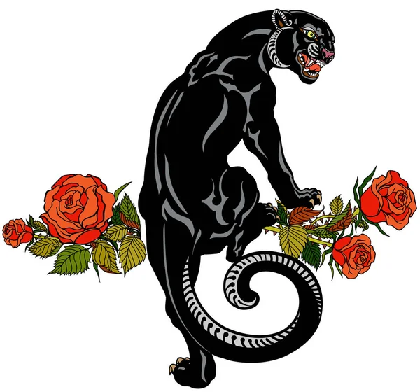 Pantera Rugiente Subiendo Floreciendo Rosas Leopardo Negro Enojado Ilustración Vectorial — Vector de stock