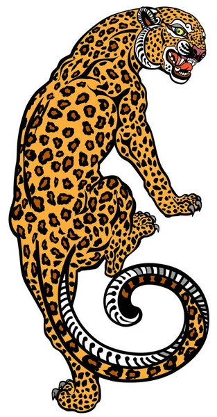 Aggressive Leopard Climbing Angry Spotted Panther View Back Head Turned — Stockvector