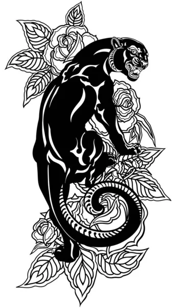 吼叫的豹子爬上来 绽放着玫瑰 愤怒的黑豹白色上孤立的纹身风格矢量图解 — 图库矢量图片