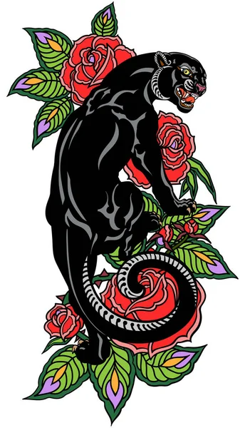 Řvoucí Panter Šplhá Nahoru Kvete Růže Vzteklý Černý Leopard Tetovací — Stockový vektor