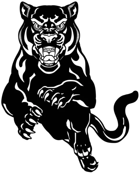 Panther Jump Front View Angry Roaring Black Leopard Front View — Vetor de Stock