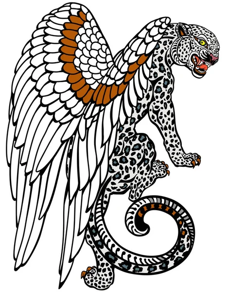 Bars Legendary Winged Snow Leopard Roaring Aggressive Mythological Creature Climbing — Vettoriale Stock