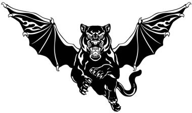 Yarasa kanatlı panter. Mitolojik kanatlı büyük kedi önümüze atladı. Dövme stili izole edilmiş vektör çizimi. Siyah ve beyaz 