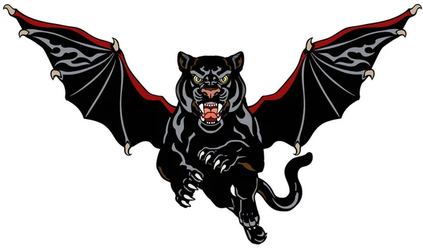 Panther Bat Wings Mythological Winged Big Cat Jump Front View — Stockvektor