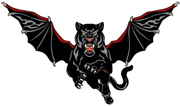 Panther with bat-like wings. Mythological winged big cat jump in the front view. Tattoo style isolated vector illustration