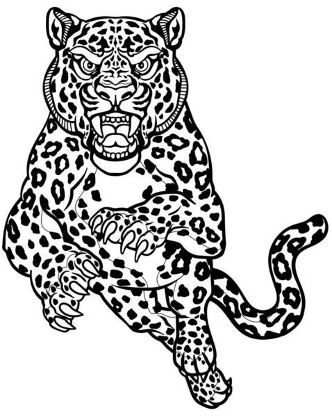 Leopard Jump Front View Angry Roaring Big Cat Isolated Tattoo — Stock Vector