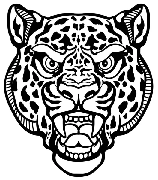 吼叫的豹头 有侵略性的斑点豹 前视图纹身风格矢量插图 黑人和白人 — 图库矢量图片