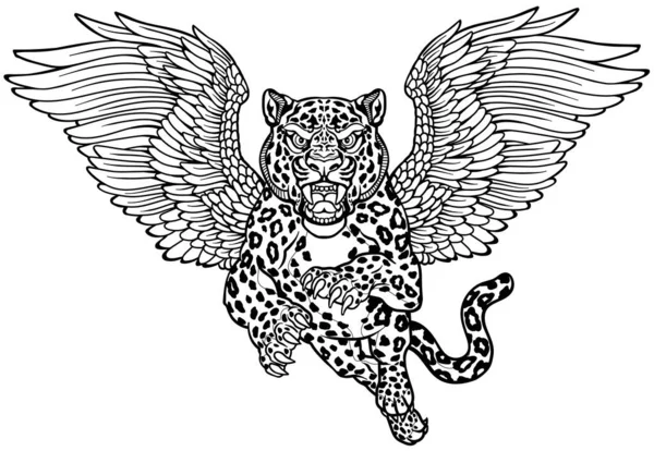 Bares Leopardo Nieve Alado Legendario Vuelo Gato Mitológico Grande Con — Vector de stock