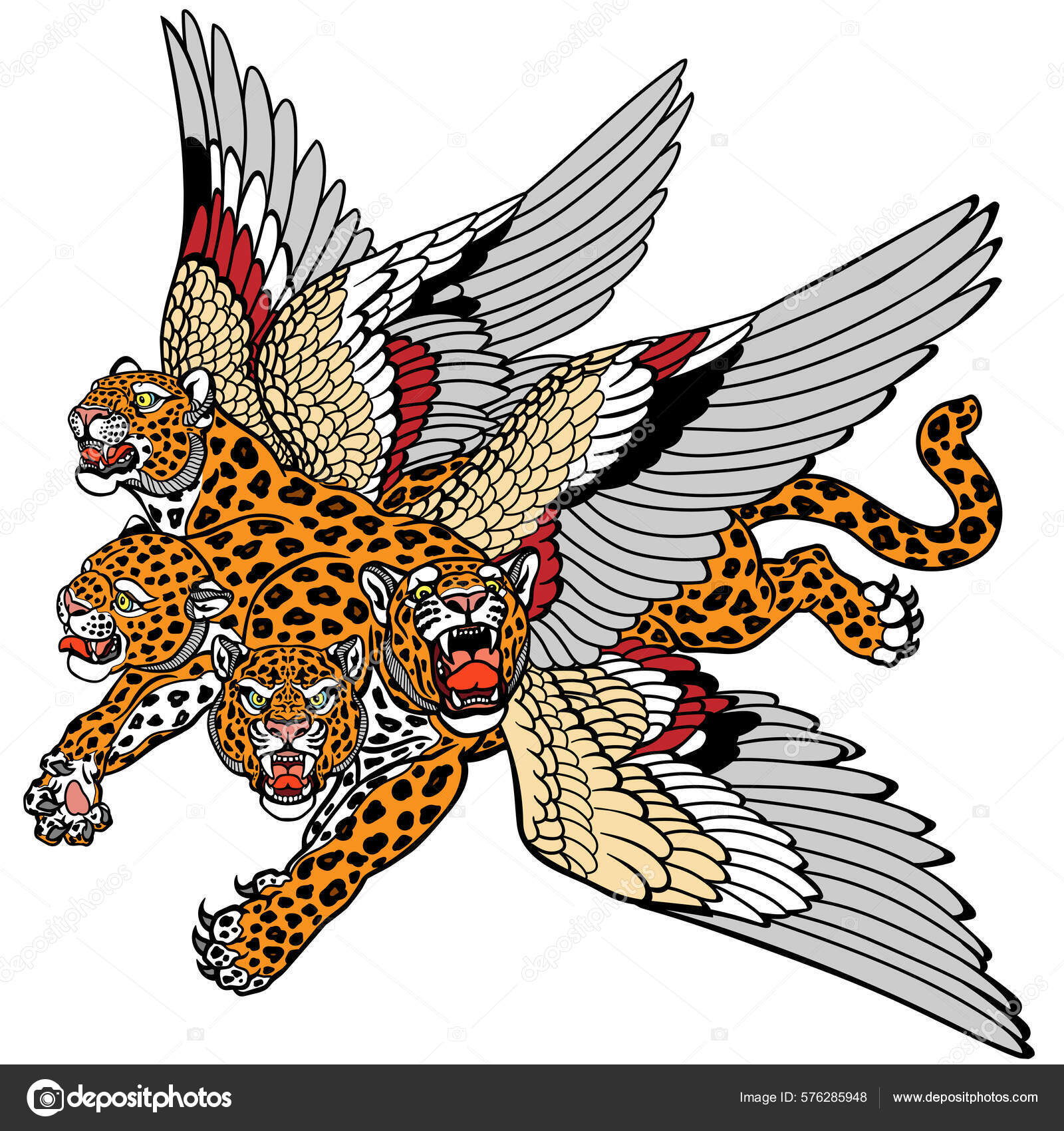 Fire Hodet Leopard Med Vinger Fugl Ryggen Mytologisk Monster Fra  stockvektor © insima #576285948, image size:1600x1700