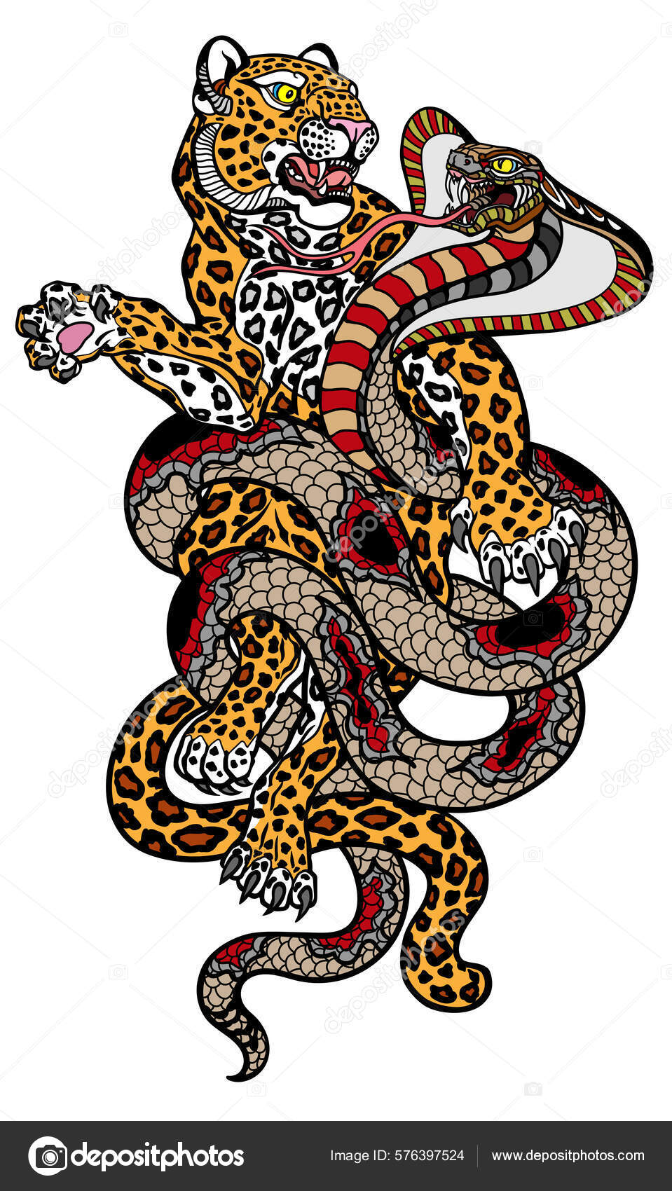 ヘビ対ヒョウ コブラと発見されたパンサーの戦い タトゥースタイルのベクトルイラスト ストックベクター ©insima 576397524, image size:959x1700