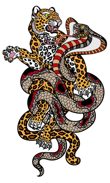 Slang Tegen Luipaard Vechten Tegen Cobra Gevlekte Panter Tattoo Stijl — Stockvector