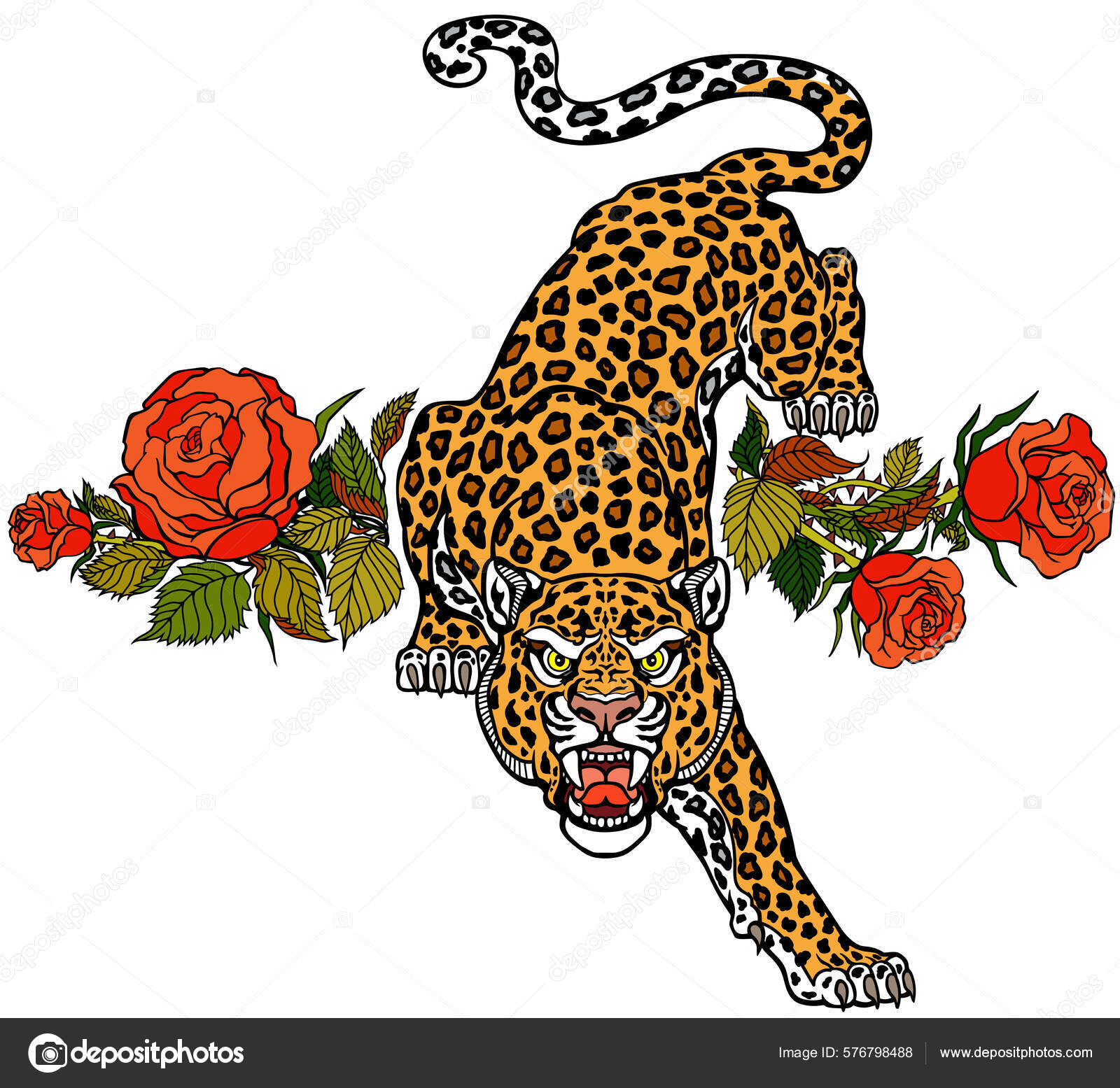 Image vectorielle Léopard Rugissant Descend Regarde Droit Devant Lui  Panthère Tachetée Agressive par ©insima - 576798488, image size:1600x1555