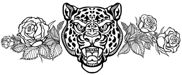 Cabeza Leopardo Rosas Florecientes Furioso Rugido Manchado Pantera Vista Frontal — Vector de stock