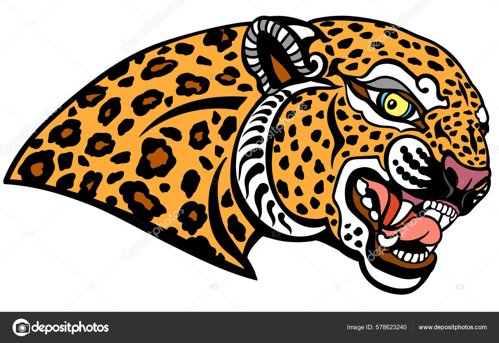 Image vectorielle Tête D'un Léopard Rugissant Jaguar Panthère Tachetée  Agressive Tatouage Emblème par ©insima - 578623240, image size:1600x1099