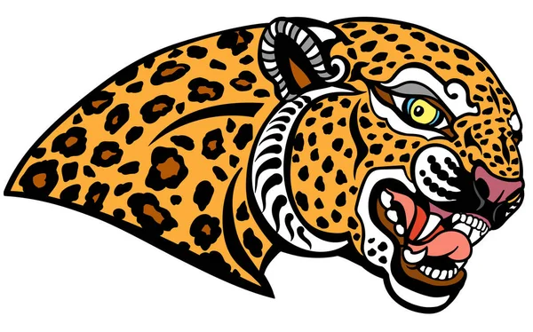 Cabeça Leopardo Rugindo Pantera Manchada Agressiva Jaguar Tatuagem Emblema Logotipo — Vetor de Stock