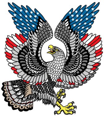 White-headed bald eagle with wings of American flag colour. Traditional stylized tattoo style vector illustration