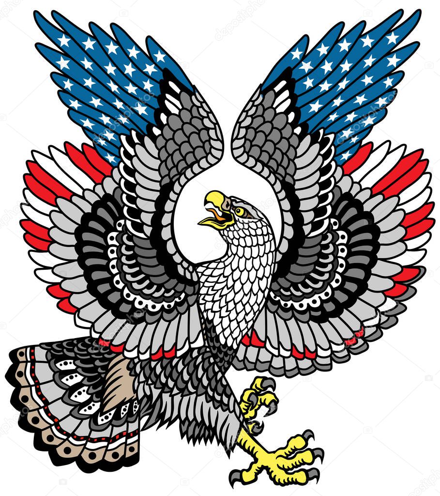 White-headed bald eagle with wings of American flag colour. Traditional stylized tattoo style vector illustration