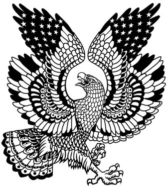 White-headed bald eagle with wings of American flag colour. Traditional stylized tattoo style vector illustration. Black and white