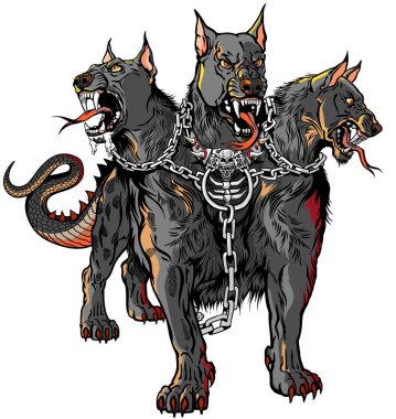 Cerberus hellhound Mythological three-headed dog the guard of the entrance to hell. Hound of Hades with chain on his neck. Standing pose, front view. Isolated vector illustration
