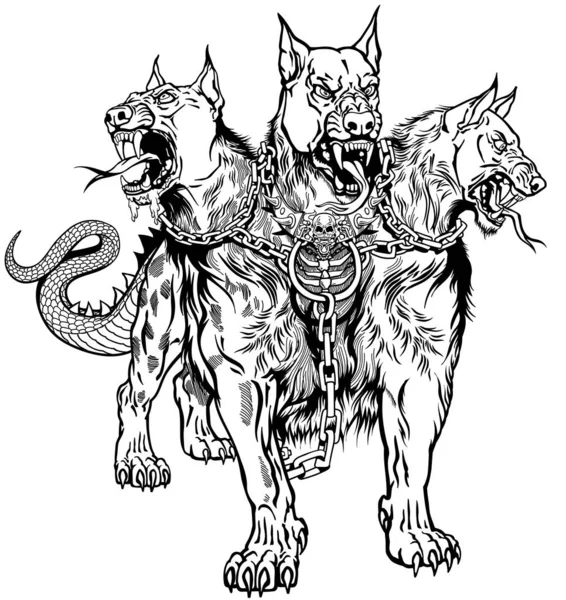 Cerberus Cehennem Köpeği Mitolojik Başlı Köpek Cehennemin Girişinin Bekçisi Boynunda — Stok Vektör