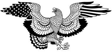 Amerikan bayrağı renginde kanatları olan beyaz başlı kel kartal. Geleneksel stilize dövme stili vektör çizimi. Siyah ve beyaz