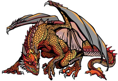 Western Dragon. Classic European mythological creature with bat-type wings. Sitting pose. Graphic style isolated vector illustration