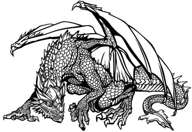 Western Dragon. Classic European mythological creature with bat-type wings. Sitting pose. Graphic style isolated vector illustration