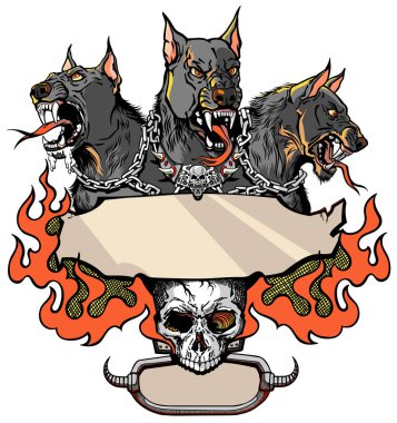Cerberus hellhound a mythological three-headed dog the guard of the entrance to hell. Hound of Hades with chain on his neck. Design template with a human skull and fire flames.  Vector illustration