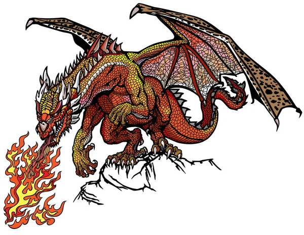 Dragon Ouest Créature Mythologique Européenne Classique Avec Des Ailes Chauve — Image vectorielle