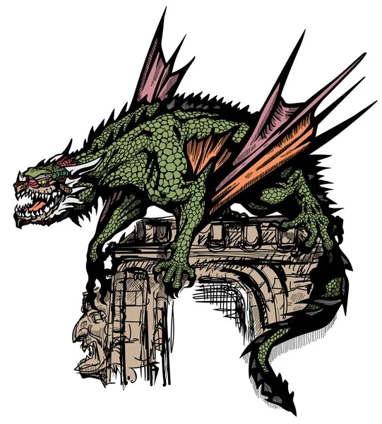 Dragão Medieval Criatura Mitológica Europa Ocidental Com Asas Morcego Estilo —  Vetores de Stock