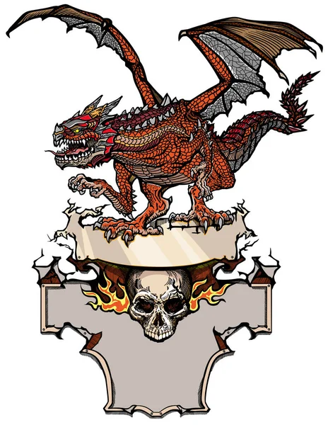 Dragon Médiéval Crâne Humain Brûlant Créature Mythologique Européenne Classique Aux — Image vectorielle