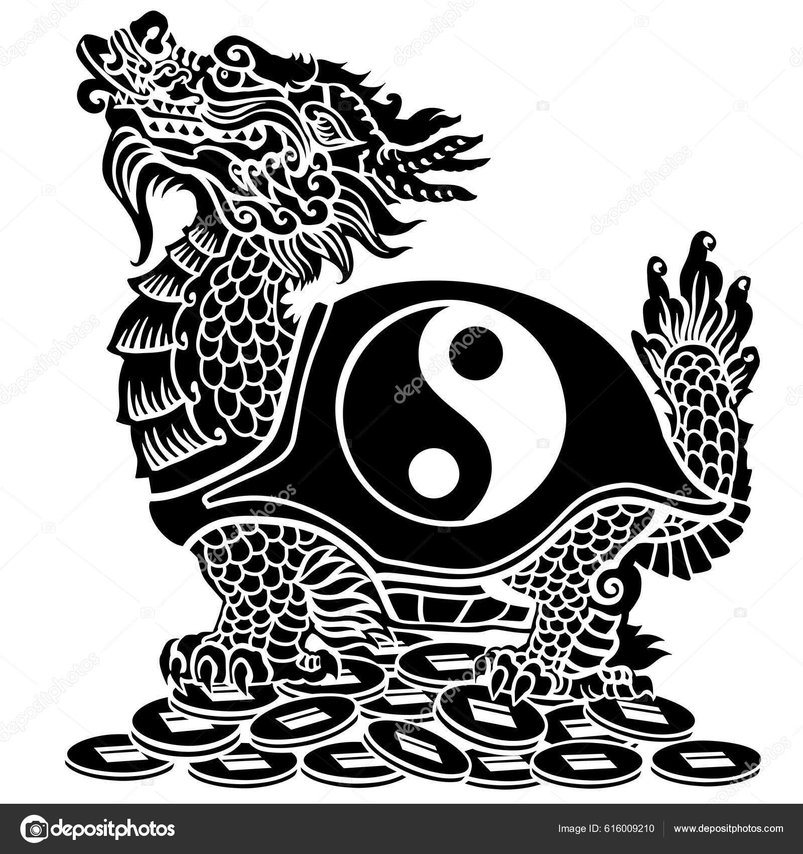 龙龟龟坐在许多硬币上传说中的中国生物天上的风水动物具有阴阳符号的轮廓侧视图黑白隔离矢量图解图库矢量图©insima 616009210