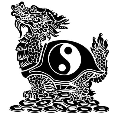 Ejder Kaplumbağası bir sürü madeni paranın üzerinde oturuyor. Mitolojik Çin yaratığı. Göksel Feng Shui hayvanı. Yin Yang sembollü siluet. Yan görüş. Siyah ve beyaz izole vektör çizimi