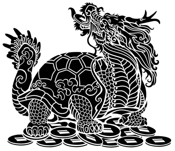 Dragon Turtle Tortoise Κάθεται Πολλά Νομίσματα Μυθολογικό Κινέζικο Πλάσμα Ουράνιο Royalty Free Εικονογραφήσεις Αρχείου