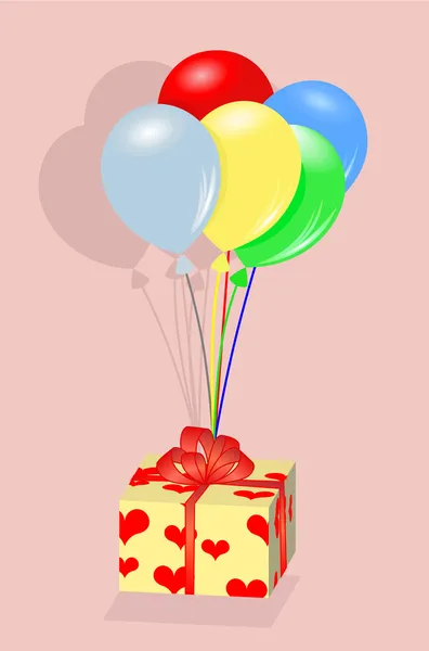 Nuvarande box hänger på färgglada ballonger. — Stock vektor