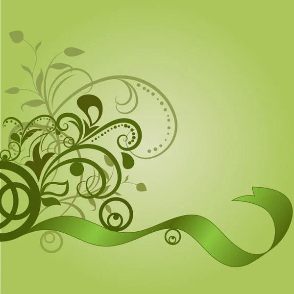 Groene floral achtergrond met golvende lint. — Stockvector