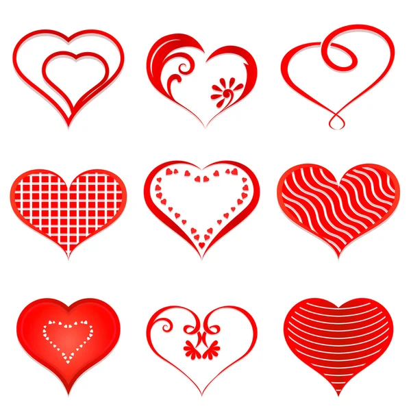Set of red vector hearts isolated on white background. — Stock Vector