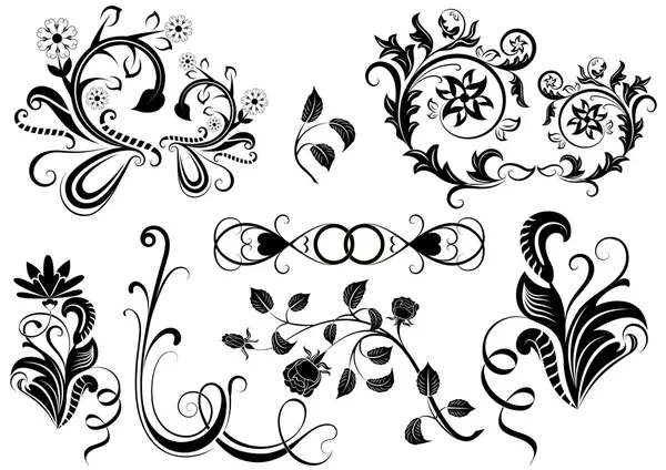 Black and white vector floral design elements. — Stock Vector