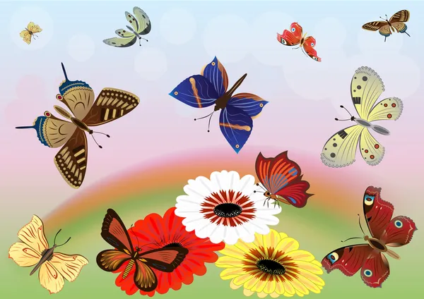 Pradera abstracta con coloridas mariposas vector ilustración . — Archivo Imágenes Vectoriales