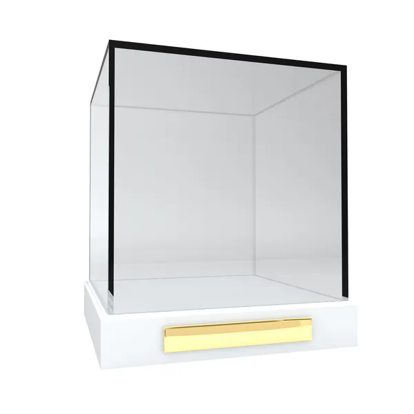Caixa de exibição com placa dourada isolada no fundo branco . — Fotografia de Stock