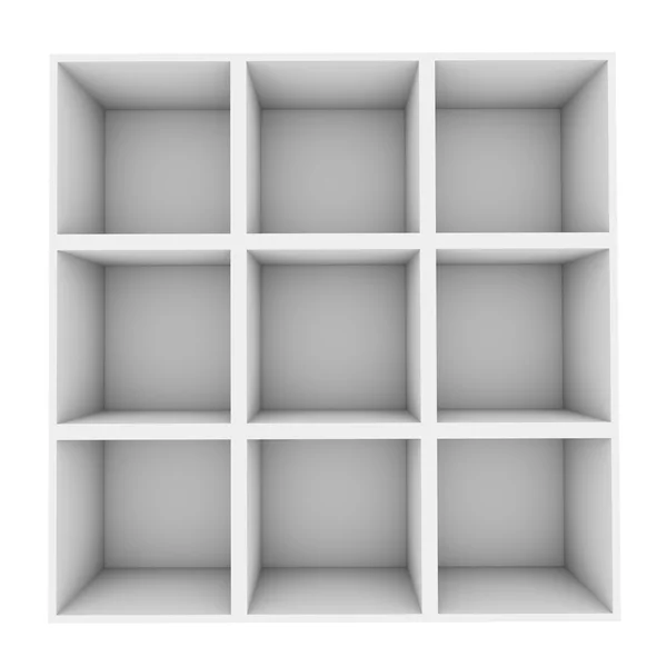 Weiße quadratische Regale isoliert auf weißem Hintergrund. — Stockfoto
