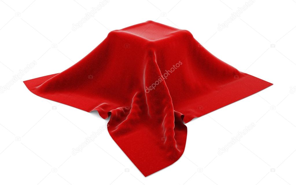 Box hidden under red velvet cloth isolated on white.