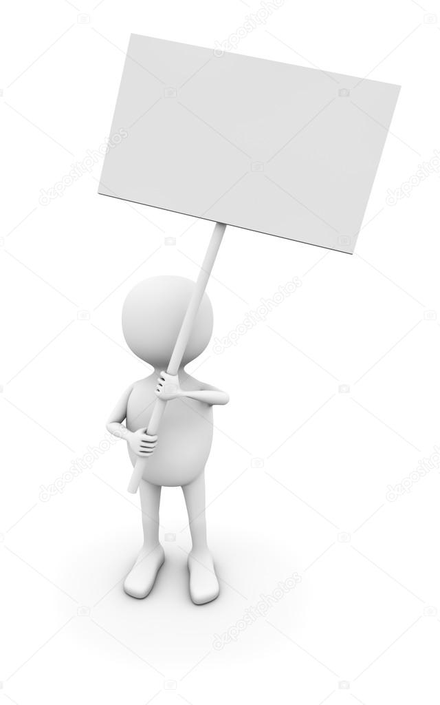 3D white man holding blank sign board isolated o white backgroun