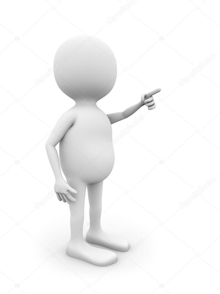 3D white man pointing on something isolated on white background.