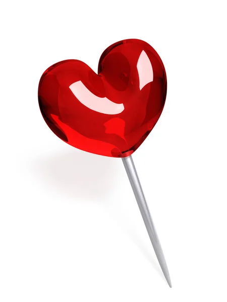 Red glass push pin in the shape of heart isolated on white backg — Stock Photo, Image