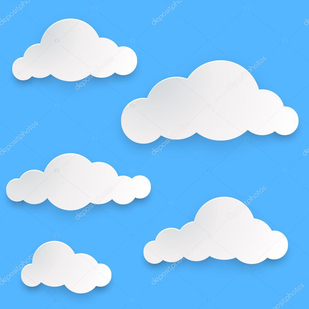 Paper clouds vector template isolated on blue background.