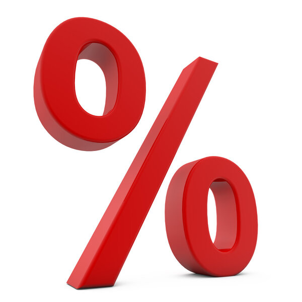 Red 3D percent sign isolated on white background.