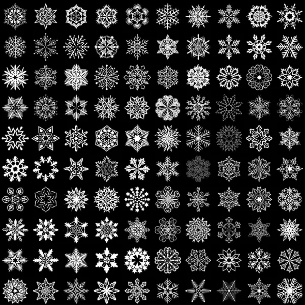 Set van vector sneeuwvlokken geïsoleerd op zwarte achtergrond. 100 snowf — Stockvector